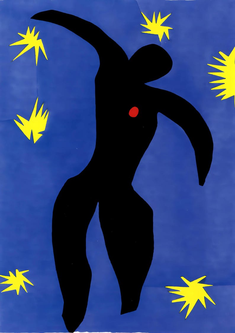 May include: A black silhouette of a person with a red dot on their chest, dancing against a blue background with yellow stars.