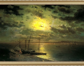 Leo Kamenev, Moonlit Night on the River -  A4 / A3 reproduction fine art print. Heavyweight textured art paper/ real art canvas