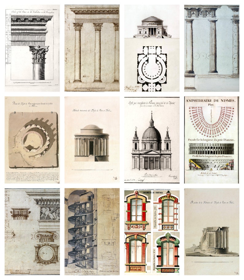 May include: A collection of 10 vintage architectural drawings, including plans for a Roman amphitheater, a church, and a dome. The drawings are in black and white and feature intricate details.
