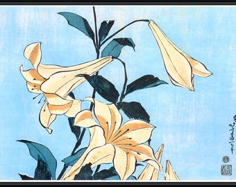Lilies on Blue, artist unknown, 19th-century Japanese print, museum-quality 250gsm matte paper giclée print /art canvas / unframed / framed.