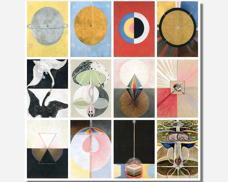 Puede incluir: Una serie de 12 pinturas abstractas en un patr&oacute;n de cuadr&iacute;cula. Las pinturas presentan formas geom&eacute;tricas, colores y s&iacute;mbolos. Las pinturas son de varios colores, incluyendo amarillo, rojo, azul, verde y negro.