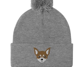 Chihuahua beanie, embroidered chihuahua beanie, chihuahua gift, chihuahua mom dad gift, winter hat, Pom-Pom Beanie