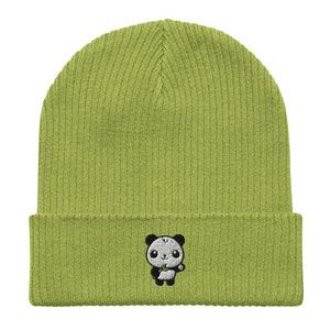 Panda Beanie, Kawaii Panda, Embroidered Unisex Organic Ribbed Beanie, 100% Cotton, Panda gifts, design 2.