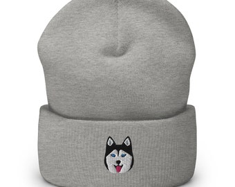 Husky beanie, embroidered unisex cuffed beanie, Siberian husky gifts, siberian husky mom dad hat.