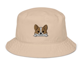Corgi Bucket hat, Embroidered Unisex Organic cotton Bucket hat, cute corgi hat, funny corgi face bucket hat.