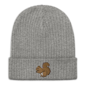 Squirrel beanie, embroidered unisex Ribbed knit beanie, squirrel beanie hat, squirrel lover gifts.