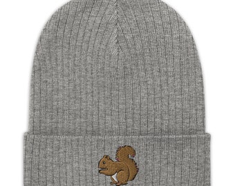 Squirrel beanie, embroidered unisex Ribbed knit beanie, squirrel beanie hat, squirrel lover gifts.