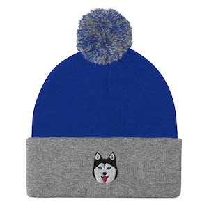 Husky beanie, embroidered unisex pom-pom beanie, Siberian husky gifts, siberian husky mom dad hat.