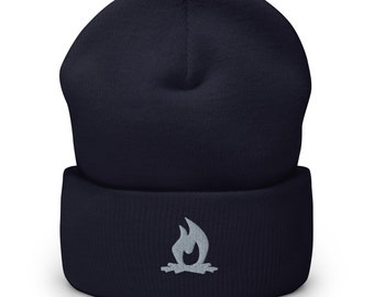 Gorro de fuego, gorro de fogata, gorro con puños bordado unisex, regalos de fuego para hombres y mujeres, bordado gris, talla única.