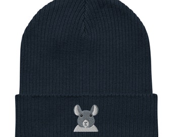 May include: A navy blue knitted beanie with a gray embroidered mouse design.