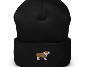Engelse bulldog beanie, geborduurde uniseks muts met omslag, Engelse bulldog cadeau, Engelse bulldog hond moeder vader hoed.