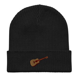 Guitar Beanie, Embroidered Unisex Organic Ribbed Beanie, 100% Cotton, Guitar Gifts.