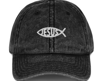 Jesus Christ Fish Symbol Embroidered Baseball Cap - Black Adjustable Christian Hat, Structured Front Panel