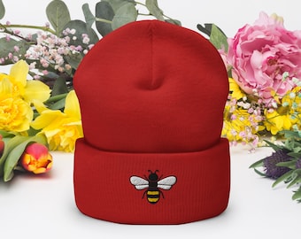 Honey bee beanie, embroidered bee beanie, honey bee gift, Cuffed Beanie, bee lover gifts.