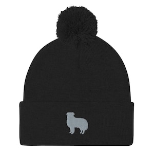 Gorro de border collie, gorro con pompón bordado, para adultos, regalos de collie, bordado gris, diseño clásico.