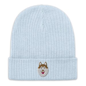 Husky beanie, siberian husky hat, embroidered unisex Ribbed knit beanie, siberian husky gifts, brown and white.