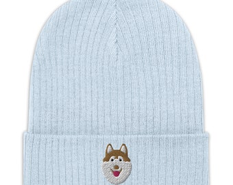 Husky beanie, siberian husky hat, embroidered unisex Ribbed knit beanie, siberian husky gifts, brown and white.