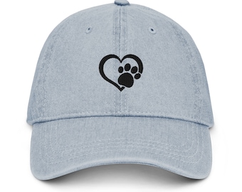 Paw print hat, dog mom, dog dad, cat mom hat, embroidered unisex denim hat, summer hat, dog lover gifts.