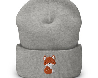 Kawaii fox beanie, cute beanie fox hat, embroidered fox smiling unisex Cuffed Beanie, fox beanie, one size fits all.