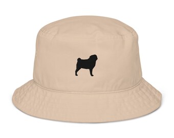 Pug hat, pug gift, embroidered unisex organic bucket hat, pug mom pug dad hat.