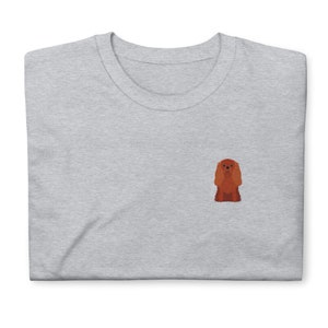 Puede incluir: Una camiseta gris con una pequeña imagen bordada de un Cavalier King Charles Spaniel marrón.