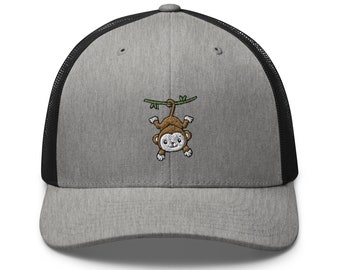 Monkey trucker hat, kawaii monkey, embroidered unisex hat, monkey gifts.