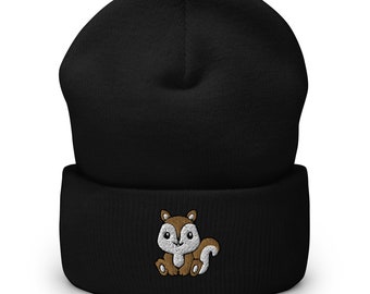 Squirrel beanie, baby squirrel, kawaii squirrel, embroidered unisex Cuffed Beanie for adults and kids, one size fits all.