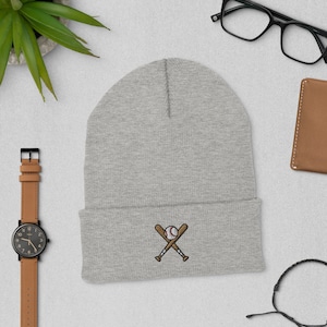 Baseball beanie, embroidered unisex Cuffed Beanie, baseball bat beanie, baseball gifts for team, coach, players.