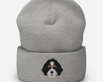 Tri-color Bernedoodle beanie, embroidered bernedoodle hat, bernedoodle gift, unisex beanie hat, birthday Christmas gift.