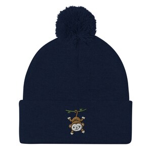Monkey beanie, kawaii monkey, embroidered unisex pom-pom beanie, monkey gifts.