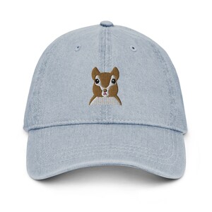 Squirrel hat, embroidered squirrel denim hat, squirrel hats for adults, squirrel gifts for squirrel lovers.