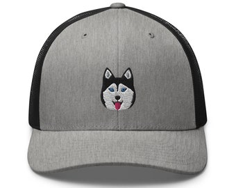 Husky trucker hat, embroidered unisex hat, Siberian husky gifts, siberian husky mom dad hat, new trucker hat designs.