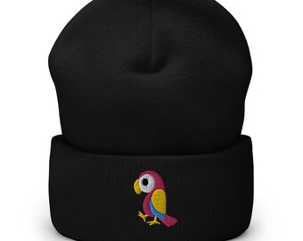 Parrot beanie, parrot hat, embroidered unisex Cuffed Beanie, parrot beanie for adults and kids, one size fits all.