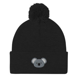 Koala beanie, embroidered pom-pom beanie, koala hats for men, for women, koala gifts for koala lovers.