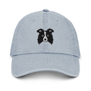 Border collie hat, embroidered unisex denim hat, border collie face, border collie gifts, for men and women, design 3.