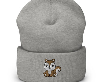 Squirrel beanie, kawaii squirrel embroidered unisex beanie, squirrel beanie for kids and adults, one size fits all.