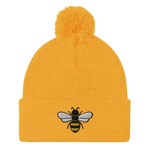 Bee beanie, embroidered unisex Pom-Pom Beanie, bee beanie hat, for women, for men, honey bee gifts.