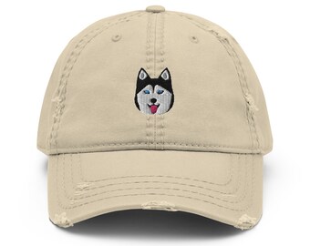 Husky hat, embroidered unisex distressed hat, Siberian husky gifts, siberian husky mom dad hat.