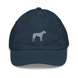 May include: A navy blue baseball cap with a grey embroidered silhouette of a dog.