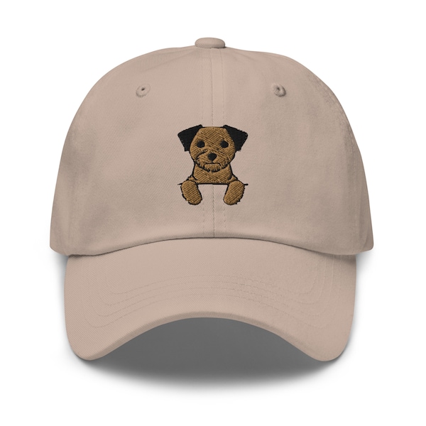 Border terrier hat, border terrier peeking, embroidered unisex baseball hat, border terrier gifts for dog lovers.