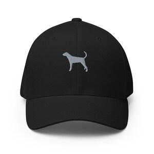 May include: A black baseball cap with a grey embroidered silhouette of a dog on the front.