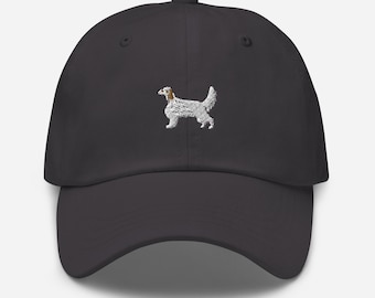 English setter hat, embroidered unisex baseball hat, black and white english setter dog mom dad hat, english setter gifts.