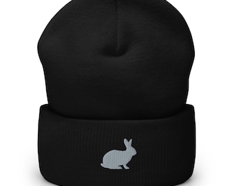Hasenmütze, Hasenmütze, bestickte unisex Cuffed Beanie, graue Stickerei, Einheitsgröße.