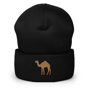 Camel beanie, embroidered unisex Cuffed Beanie, camel hats for men, for women, camel gifts, old gold embroidery.