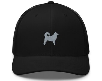 May include: A black trucker hat with a gray embroidered silhouette of a dog on the front.