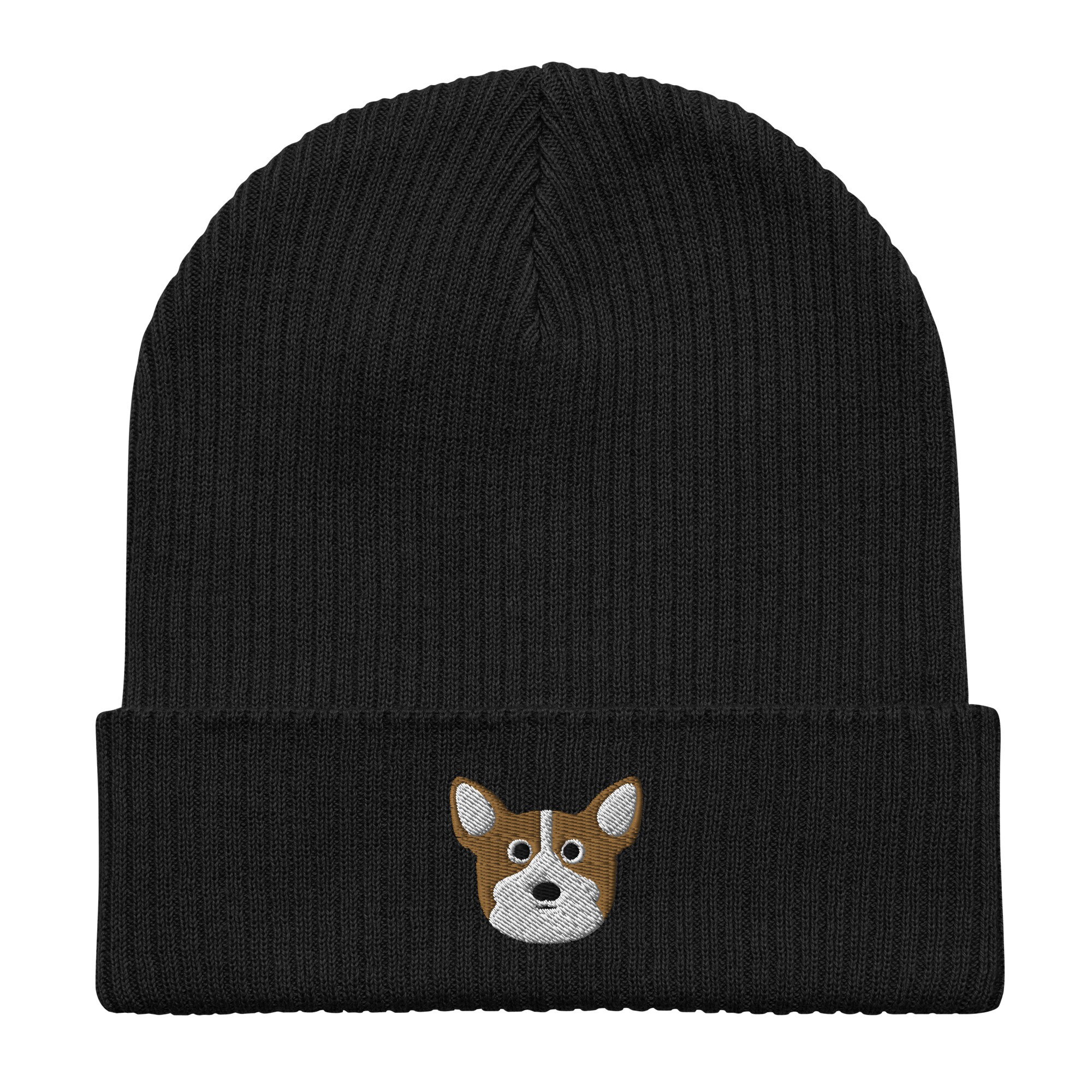 Corgi Beanie, Embroidered Unisex Organic Ribbed Beanie, 100