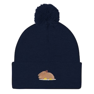 Capybara beanie, Full color embroidered unisex Pom-Pom beanie, Capybara gifts, Winter hat, Design 4.