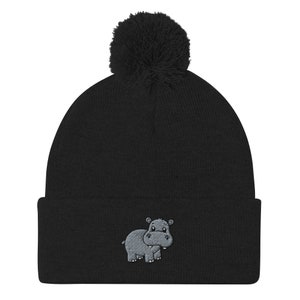 Hippo beanie, Hippopotamus hat, Embroidered pom-pom beanie, kawaii hippo hat, design 2.