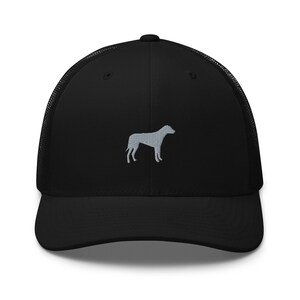 May include: Black mesh trucker hat with a gray embroidered silhouette of a dog on the front.