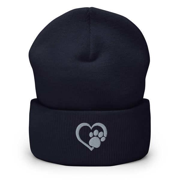 Paw print beanie, paw print with a heart embroidered Cuffed Beanie, unisex one size fits all, dog cat mom dad beanie.